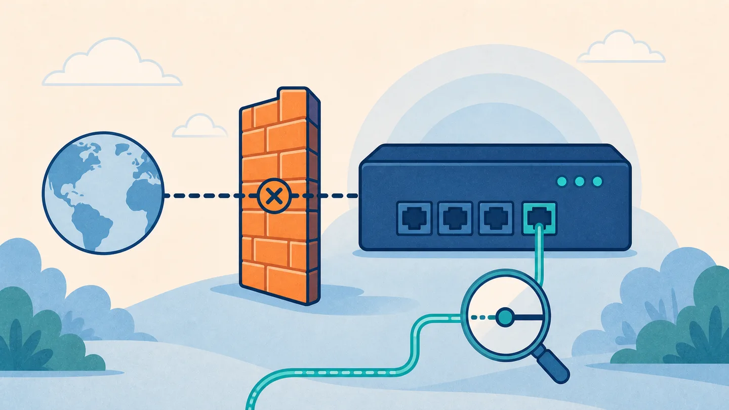 איור דודל של יציאת ניהול Firewall שחסומה מול האינטרנט הפתוח ונגישה רק דרך מסלול ניהול צר ומפוקח