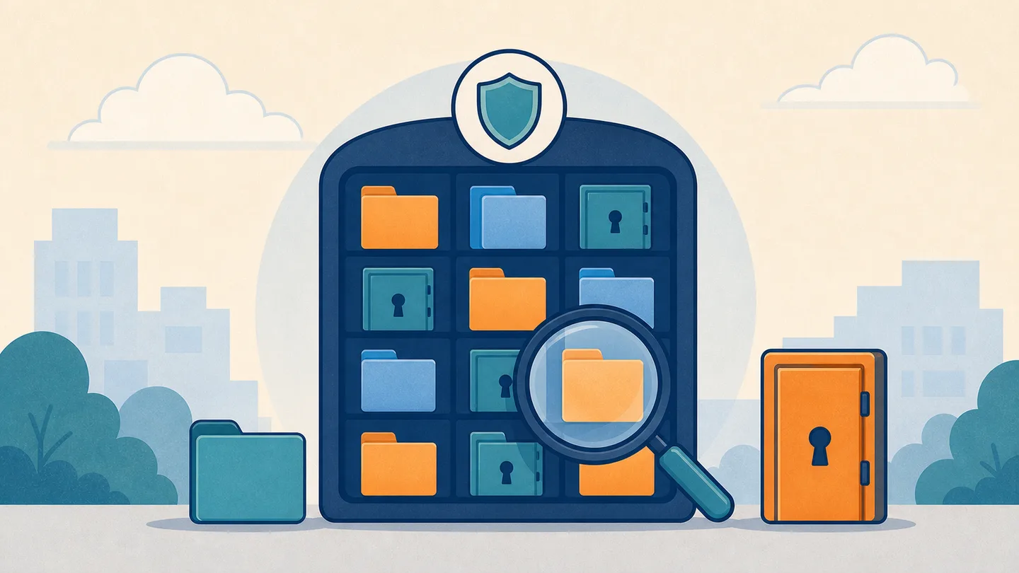איור של בעל עסק ואיש IT בודקים אבטחת SharePoint Server ופורטל קבצים ישן